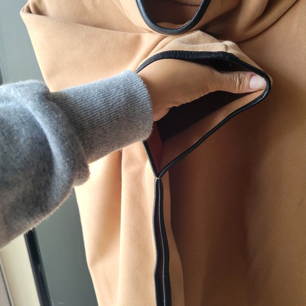 Tuckernuck Piper Poncho Camel color One Size Faux Leather Trim Funnel Neck - Picture 7 of 10
